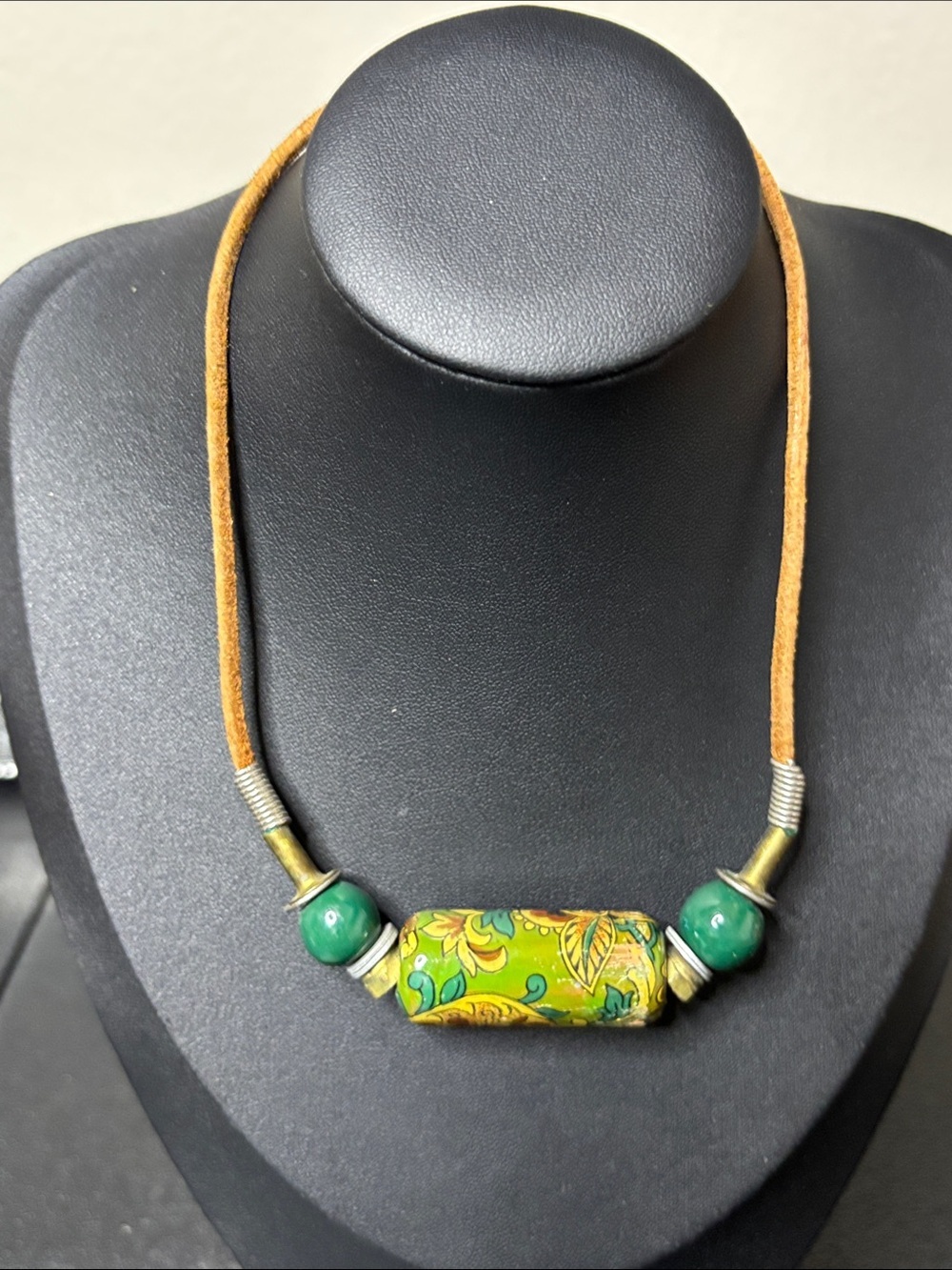 Handcrafted Yellow Floral Bead Necklace Green Accents Leather Choker